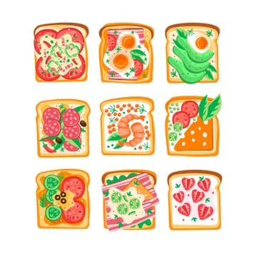 Vector set of sandwiches with different ingredients. Bread slices with tomatoes Illustrazione stock