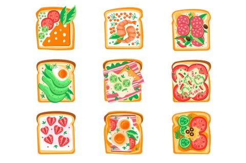 Vector set of sandwiches with different ingredients. Bread slices with tomatoes Illustrazione stock
