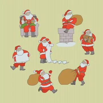Vector set Santa Claus in different situations. Christmas grandfather with bag Stock Illustration