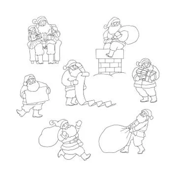 Vector set Santa Claus in different situations. Christmas grandfather with bag Stock Illustration