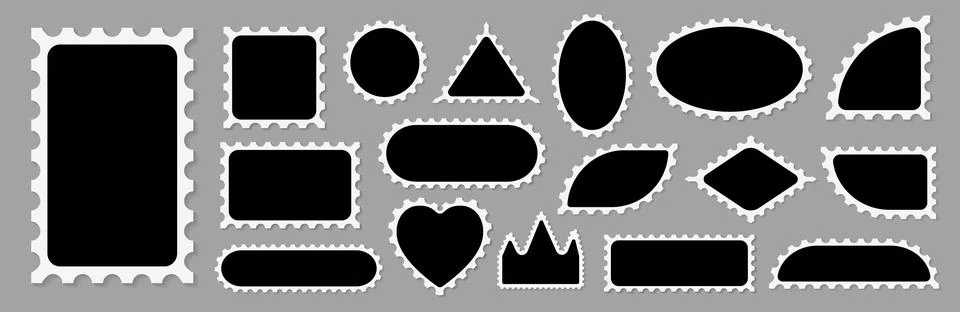 Vector set of scalloped black and white postage frames isolated. Outline border Stock Illustration