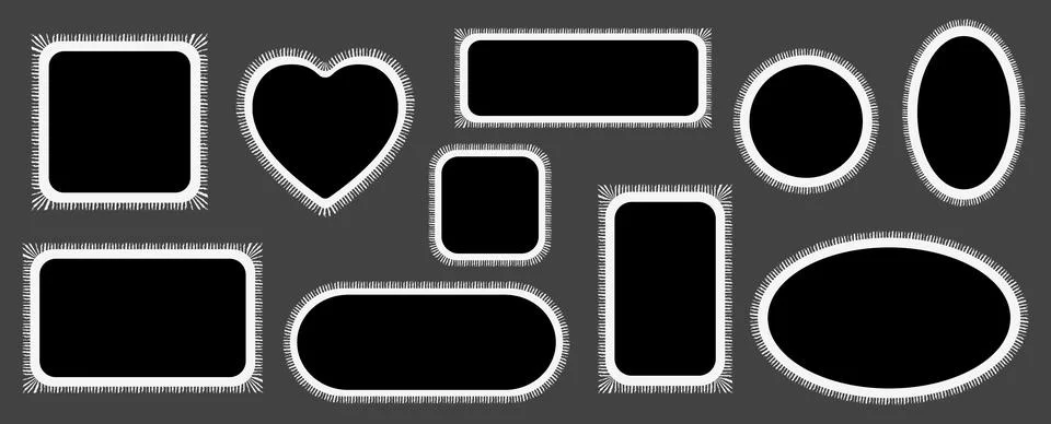 Vector set of scalloped black and white postage frames isolated. Outline border Stock Illustration