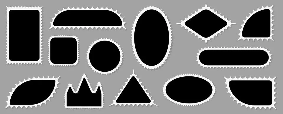 Vector set of scalloped black and white postage frames isolated. Outline border 스톡 일러스트
