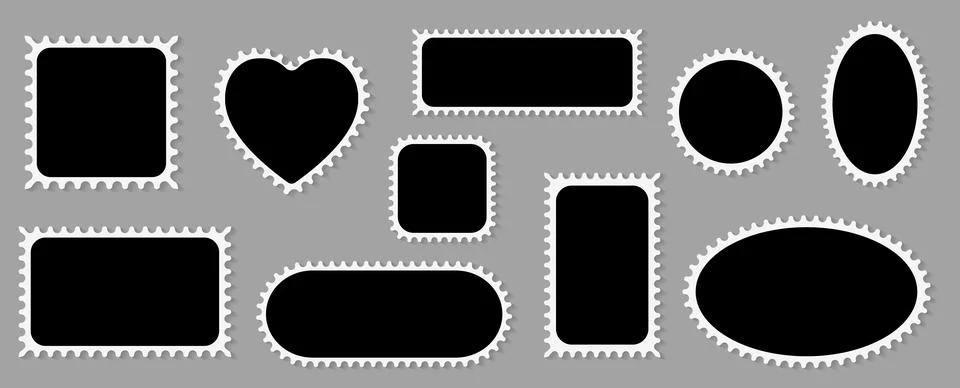 Vector set of scalloped black and white postage frames isolated. Outline border Stock Illustration