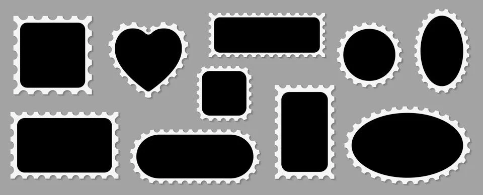 Vector set of scalloped black and white postage frames isolated. Outline border Stock Illustration