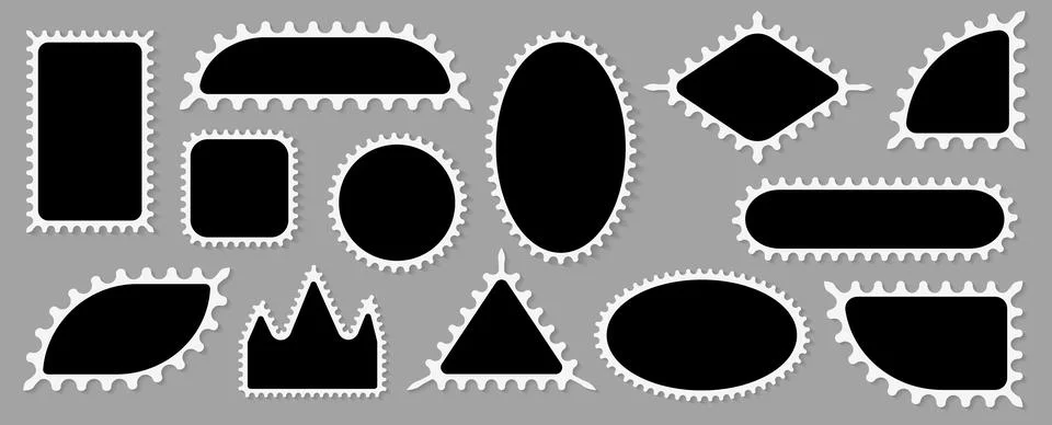 Vector set of scalloped black and white postage frames isolated. Outline border Stock Illustration