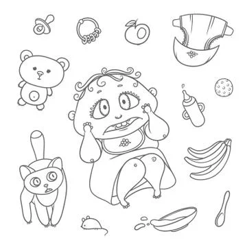 Vector set scared child and cat. Hygiene items, baby care and toys. Flat black Stock Illustration