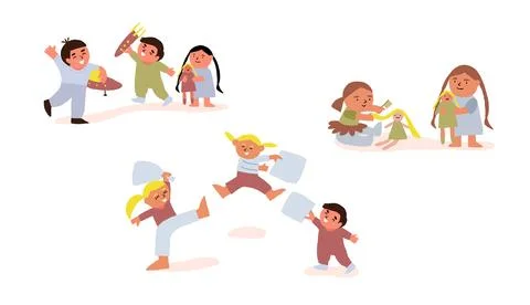 Vector set of scenes of children playing together. Brother sister playing Stock Illustration