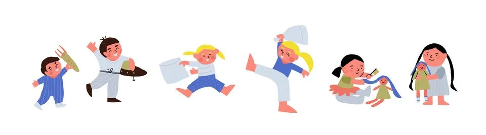 Vector set of scenes of children playing together. Brother sister playing Stock Illustration