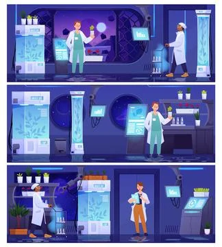 Vector set of scenes with secret laboratory and researchers in outer space in 스톡 일러스트