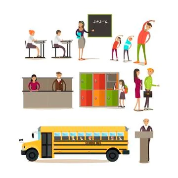 Vector set of school characters, design elements in flat style イラスト素材