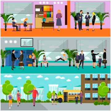 Vector set of school concept banners. Building interior, pupils studying in Ilustración de archivo