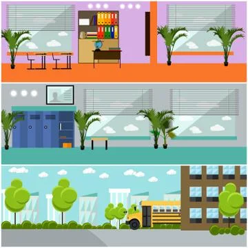 Vector set of school concept banners. Interior, classroom, yard, building and Ilustración de archivo