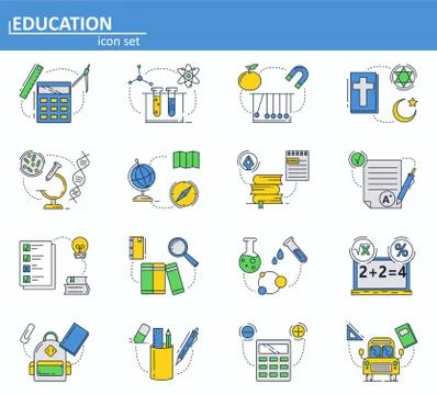 Vector set of School education icons in thin line style. Physics, chemistry Illustrazione stock