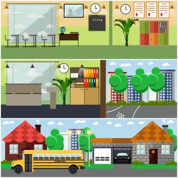 Vector set of school interior concept design elements, flat style Illustrazione stock