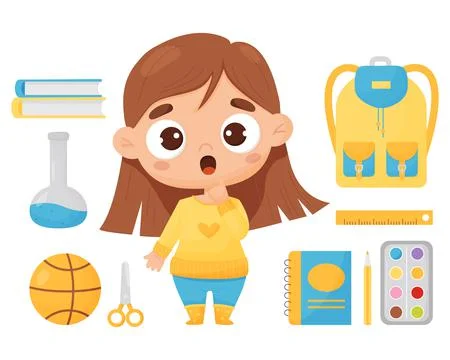 Vector set of school items hobbies and schoolgirl. Cute surprised and puzzled Stock Illustration
