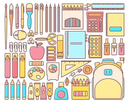 Vector set of school supplies in modern flat linear style 스톡 일러스트