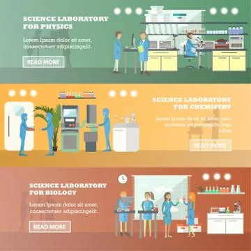 Vector set of scientific research laboratory horizontal flat banners Stock Illustration
