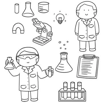 Vector set of scientist and laboratory equipment Stock Illustration