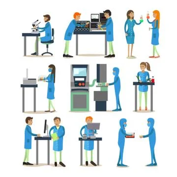 Vector set of scientists engaged in research isolated, flat style Stock Illustration