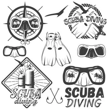 Vector set of scuba diving center labels in vintage style. Sport underwater Stock Illustration