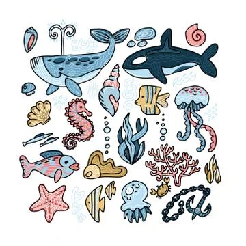 Vector set of sea animal - seashells, fish, whale, seahorse,tuna, butterfly f Stock Illustration