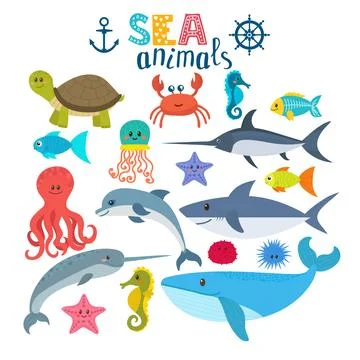 Vector set of sea creatures. Cute cartoon animals Stock Illustration