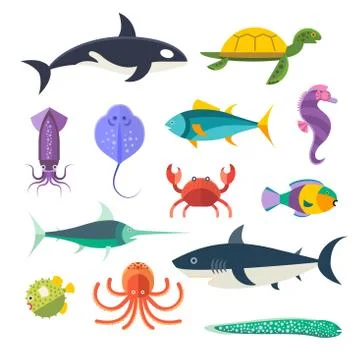 Vector set of sea marine fish and animals Stock Illustration