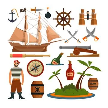 Vector set of sea pirates objects, icons and design elements in flat style. P 库存插图