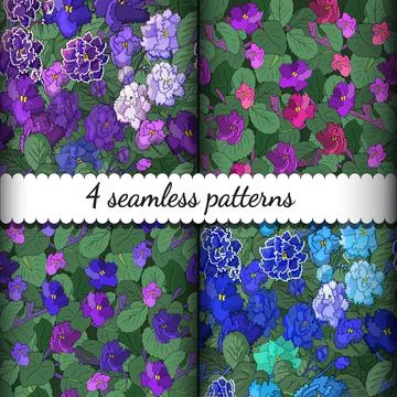 Vector set of seamless floral pattern, summer background. African violets Stock Illustration