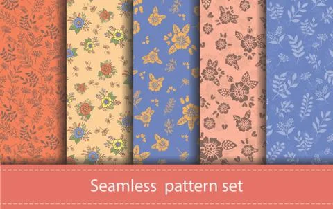 Vector set of seamless floral patterns. Decorative flowers and design elements 库存插图