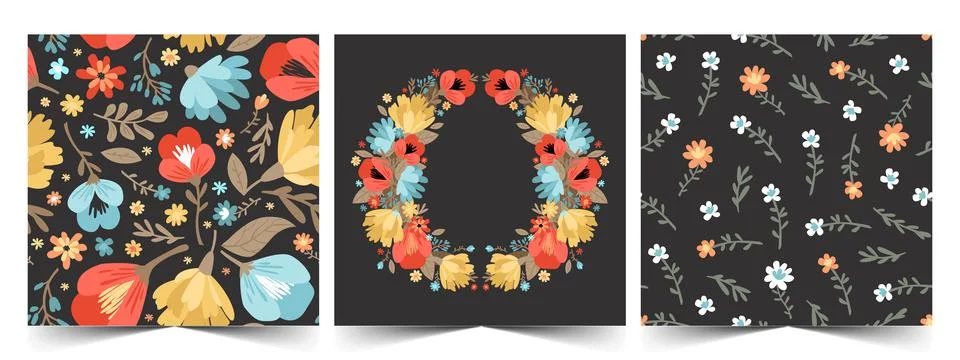 Vector set of seamless floral patterns and wreath. Colorful cute modern illus Illustrazione stock