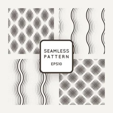 Vector set of seamless geometric patterns of mesh plates and wavy lines Stock Illustration