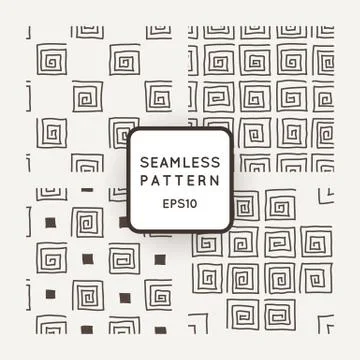Vector set of seamless geometric patterns of crooked square spirals Stock Illustration