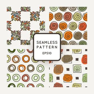 Vector set of seamless geometric patterns of crooked rings, circles, square 스톡 일러스트