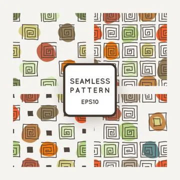 Vector set of seamless geometric patterns of crooked square spirals 스톡 일러스트