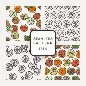 Vector set of seamless geometric patterns of crooked spirals and stains イラスト素材