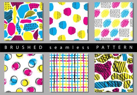 Vector Set of seamless pattern with brush stripes and strokes. Yellow pink blue Stock Illustration