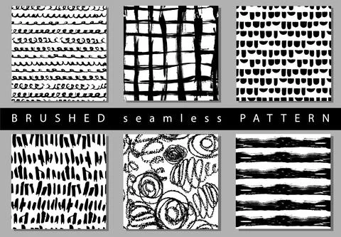 Vector Set of seamless pattern with brush stripes and strokes. Black color on Stock Illustration