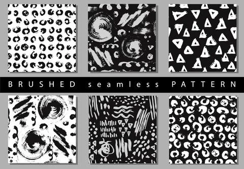 Vector Set of seamless pattern with brush stripes and strokes. Black and white Illustrazione stock