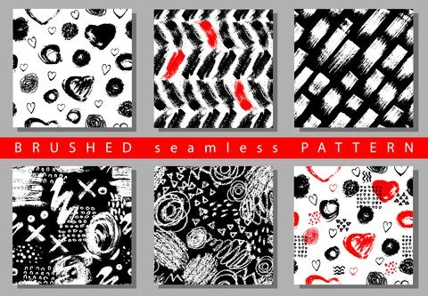 Vector Set of seamless pattern with brush stripes and strokes. Black red color 스톡 일러스트