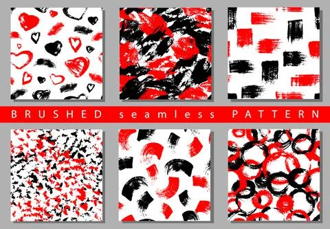 Vector Set of seamless pattern with brush stripes and strokes. Black red color Stock Illustration