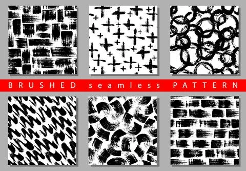 Vector Set of seamless pattern with brush stripes and strokes. Black color on Stock Illustration