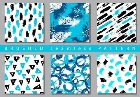 Vector Set of seamless pattern with brush stripes and strokes. Black blue color Illustrazione stock