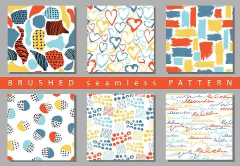 Vector Set of seamless pattern with brush stripes and strokes. blue red color on Illustrazione stock