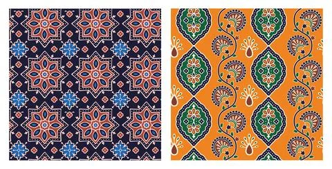 Vector Set of seamless patterns in ajrakh style Illustrazione stock