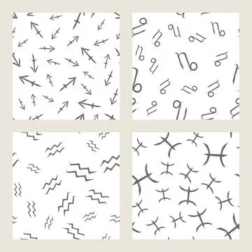 Vector set of seamless patterns with black zodiac signs on white background. Stock Illustration