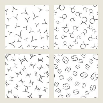 Vector set of seamless patterns with black zodiac signs on white background. Stock Illustration