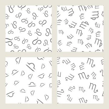 Vector set of seamless patterns with black zodiac signs on white background. Stock Illustration