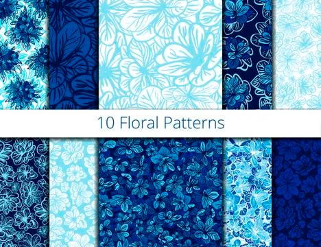 Vector set of seamless patterns with blue flowers Stock Illustration